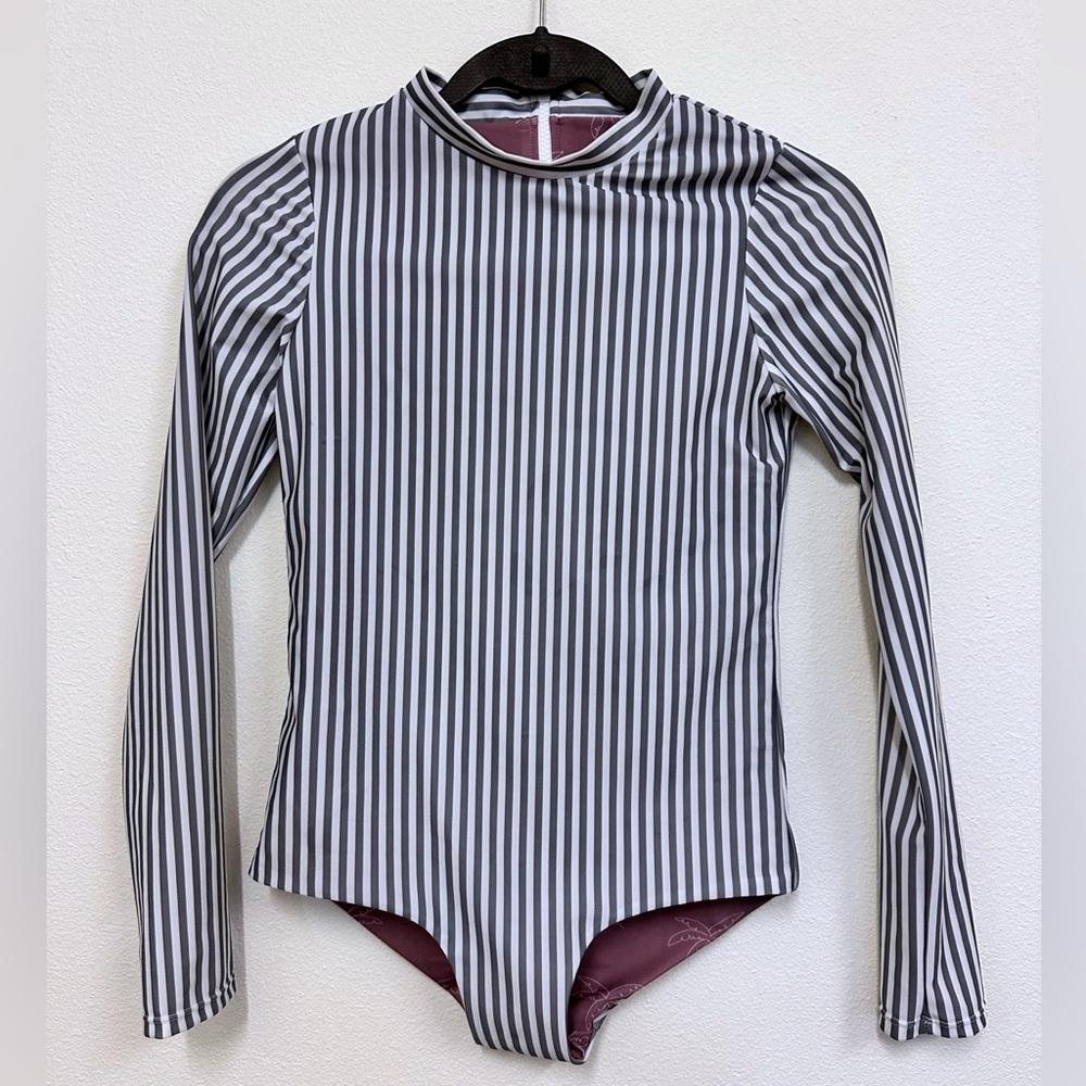 OF ONE SEA Long Sleeve Zip Up Swim Suit | Pinstripe, Blue & White | Small